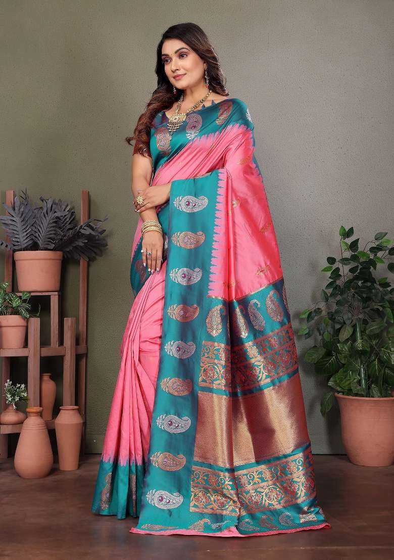 Baby Pink Embroidered Silk Blend Saree Set for Diwali and Festive Wear - Indya
