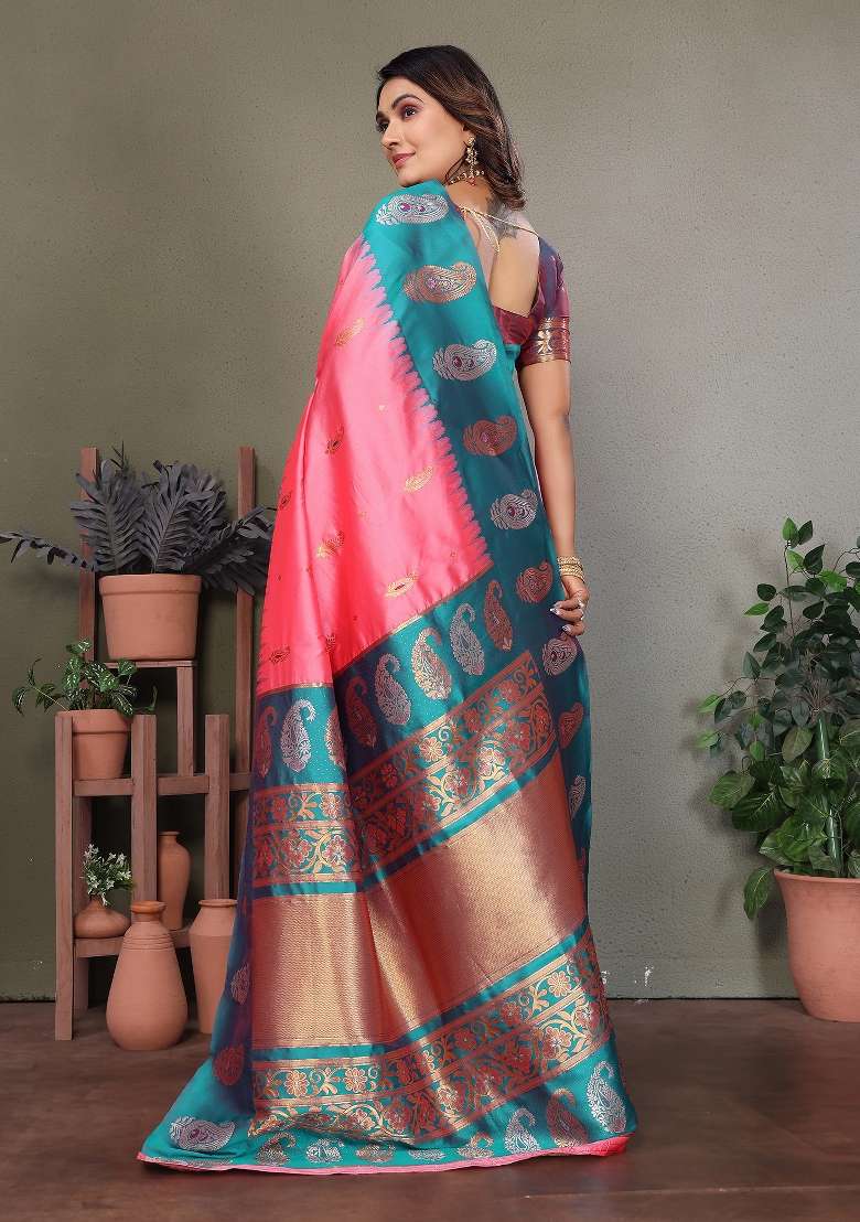 Baby Pink Embroidered Silk Blend Saree Set for Diwali and Festive Wear - Indya