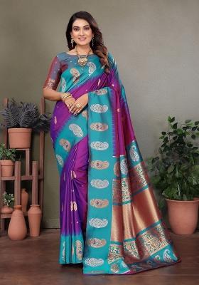 Purple Embroidered Silk Saree Set