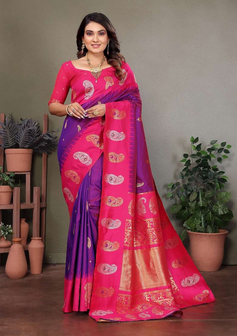 Purple Embroidered Silk Blend Saree Set for Diwali and Festive Wear - Indya