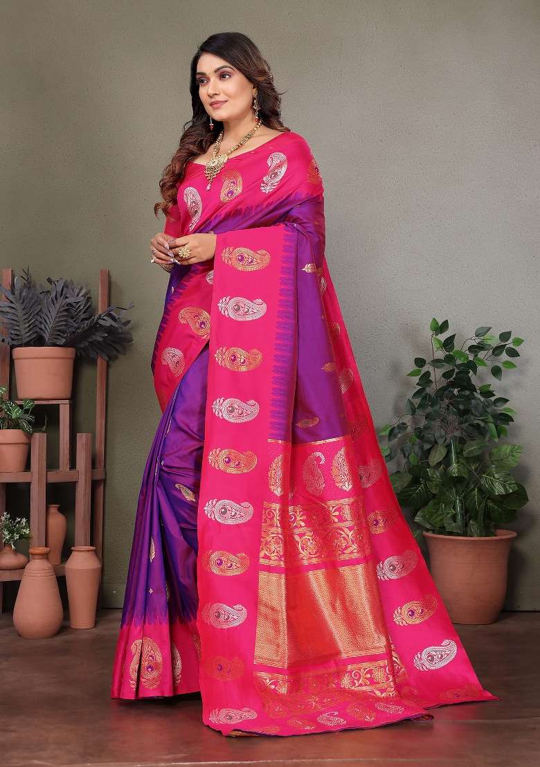 Purple Embroidered Silk Blend Saree Set for Diwali and Festive Wear - Indya
