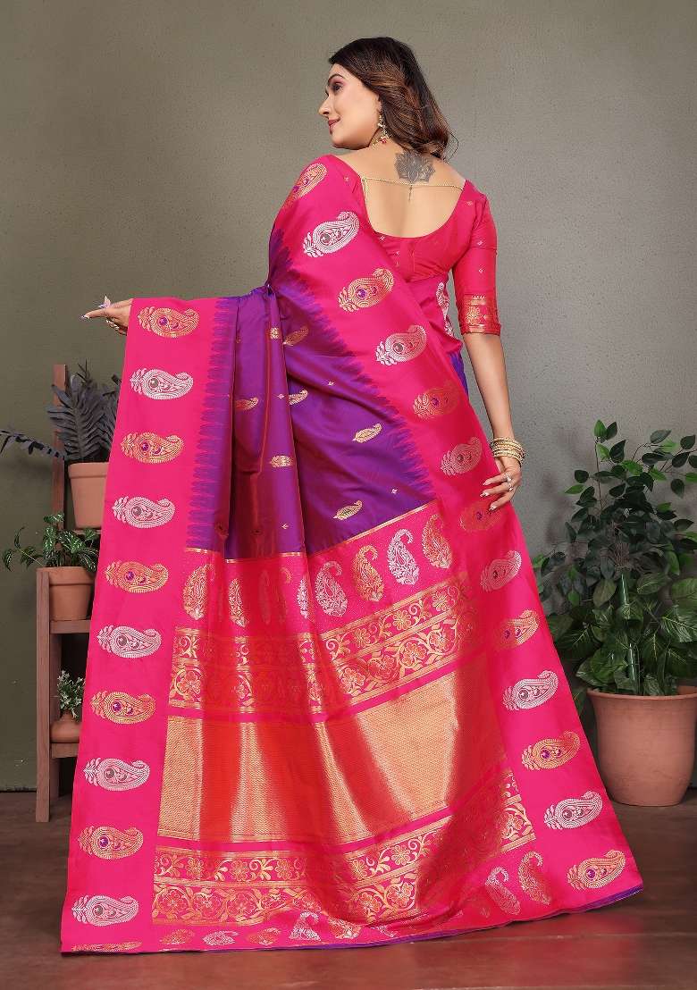 Purple Embroidered Silk Blend Saree Set for Diwali and Festive Wear - Indya