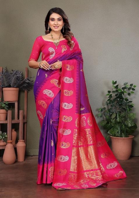 Purple Embroidered Silk Saree Set