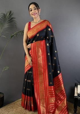 Black Woven Silk Saree Set