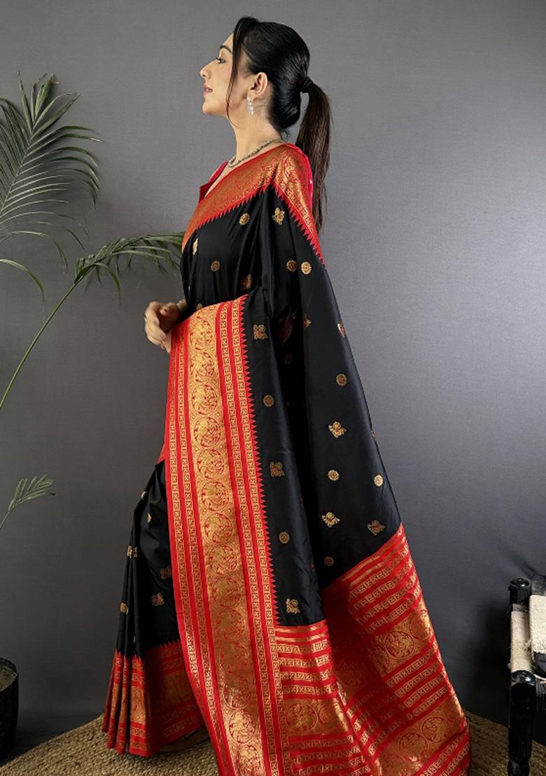 Black Woven Silk Saree Set - Indya