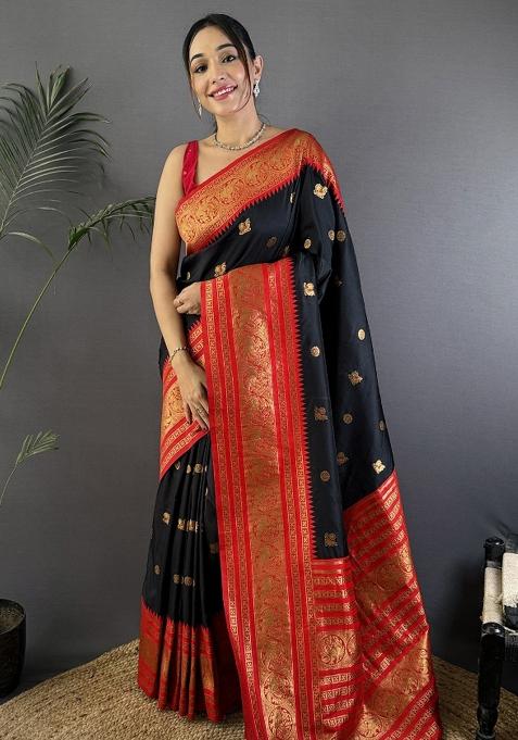 Black Woven Silk Saree Set