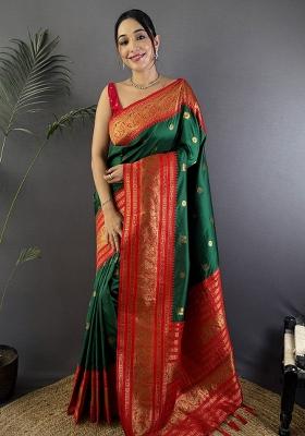 Green Woven Silk Saree Set