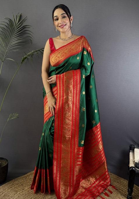 Green Woven Silk Saree Set