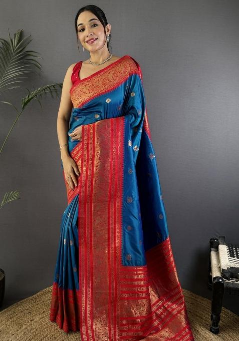 Royal Blue Woven Silk Saree Set
