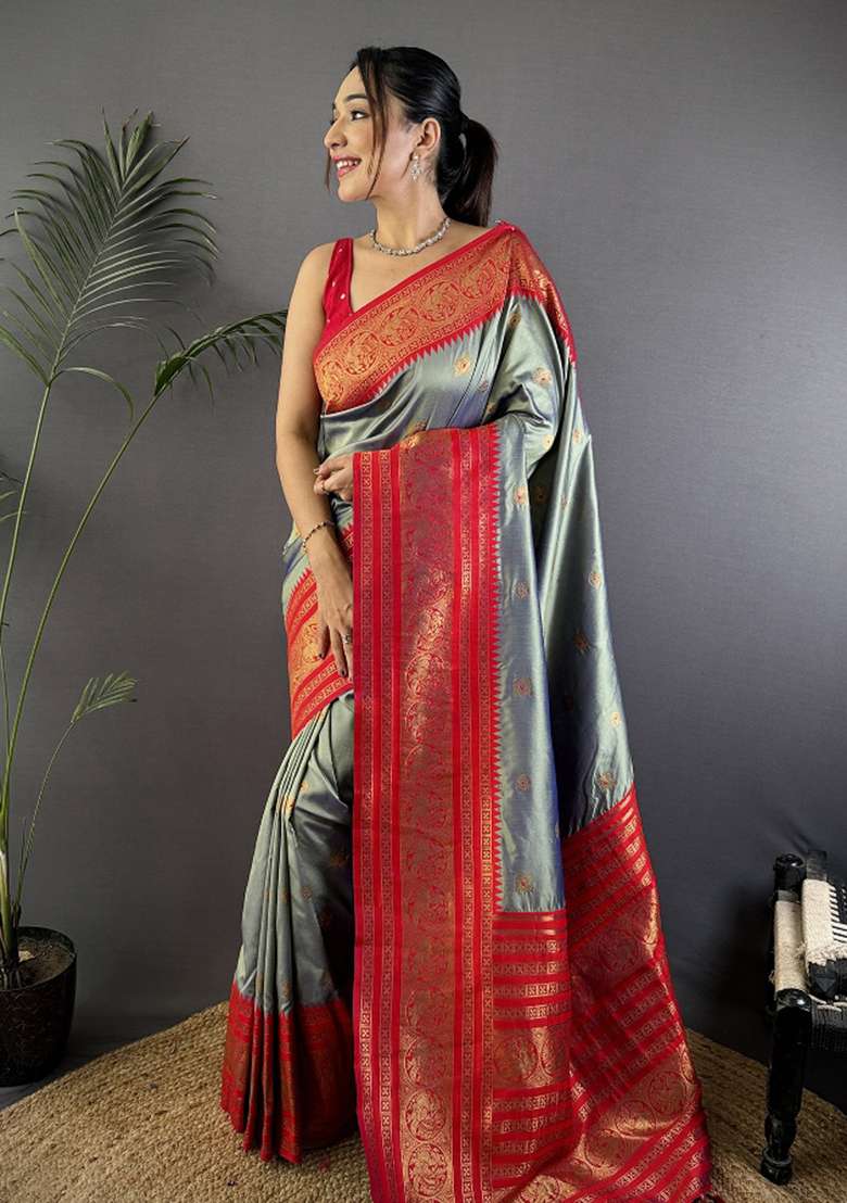 Grey Woven Silk Blend Saree Set for Diwali | Wedding & Festive Wear - Indya
