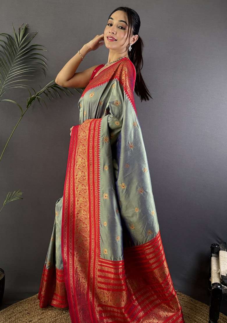 Grey Woven Silk Blend Saree Set for Diwali | Wedding & Festive Wear - Indya