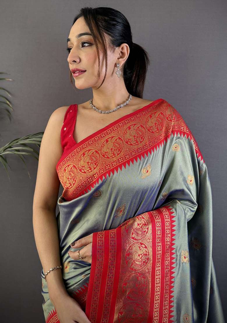 Grey Woven Silk Blend Saree Set for Diwali | Wedding & Festive Wear - Indya