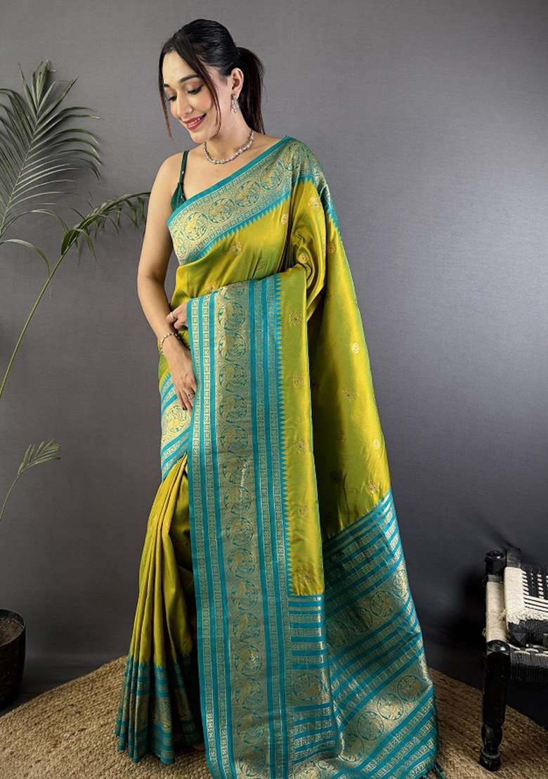 Light Green Woven Silk Blend Saree Set for Diwali and Festive Wear - Indya