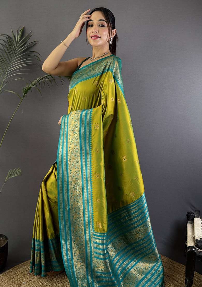 Light Green Woven Silk Blend Saree Set for Diwali and Festive Wear - Indya