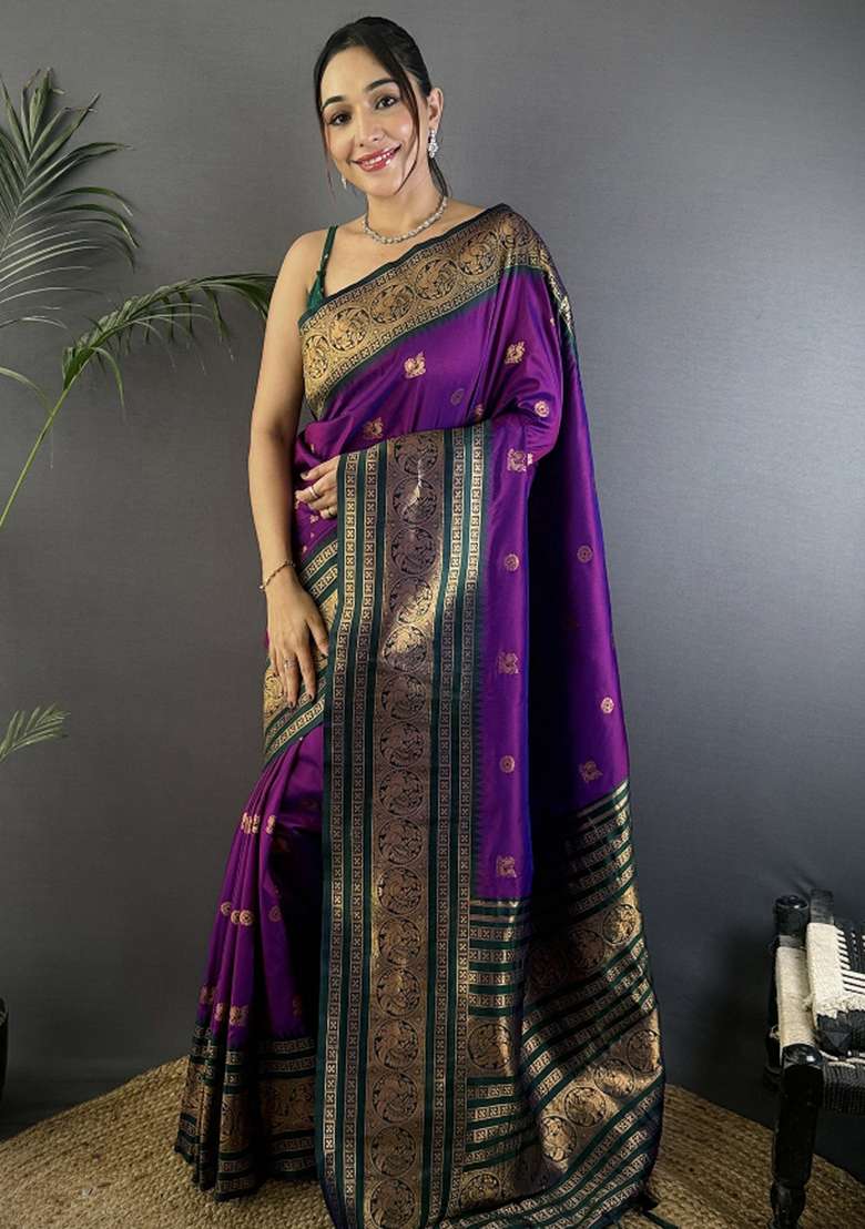 Magenta Woven Silk Blend Saree Set for Diwali | Wedding & Festive Wear - Indya