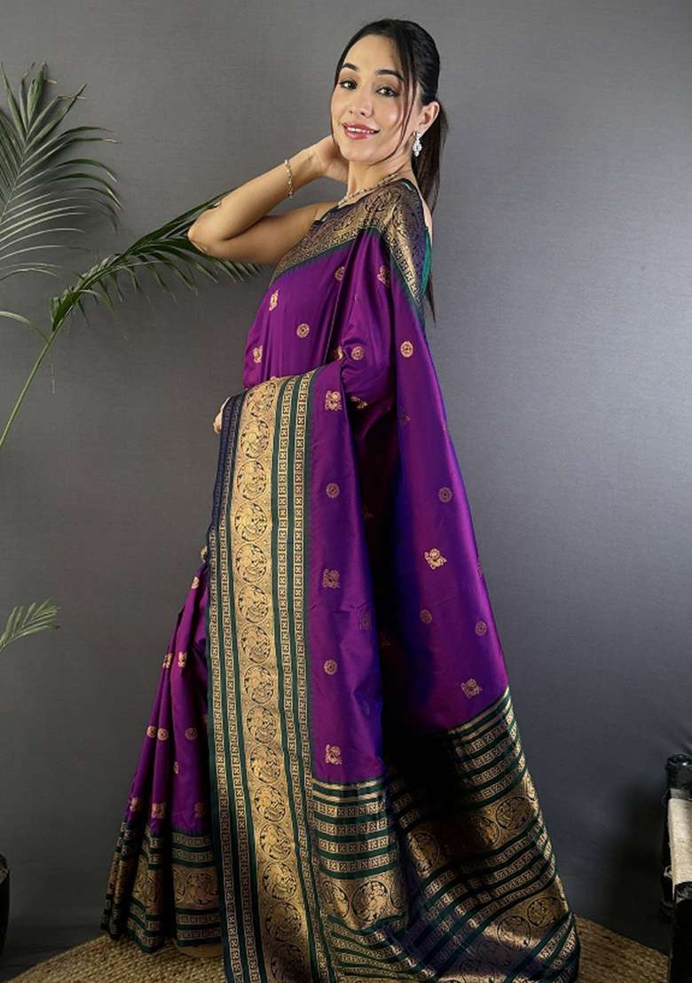 Magenta Woven Silk Blend Saree Set for Diwali | Wedding & Festive Wear - Indya