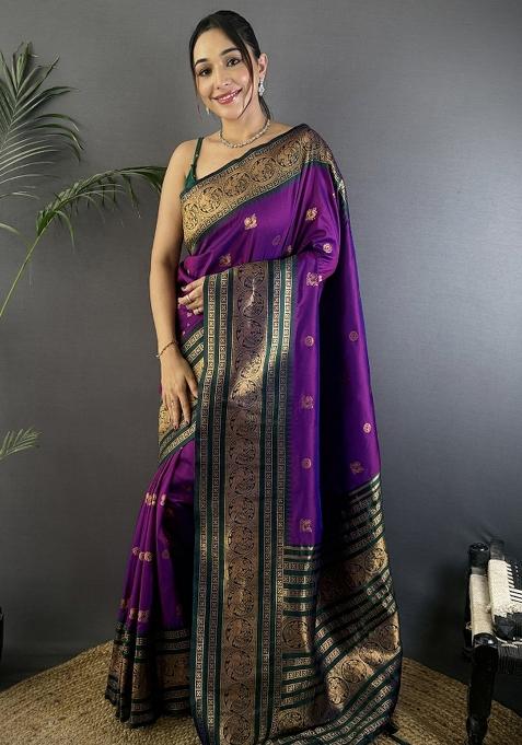 Magenta Woven Silk Saree Set