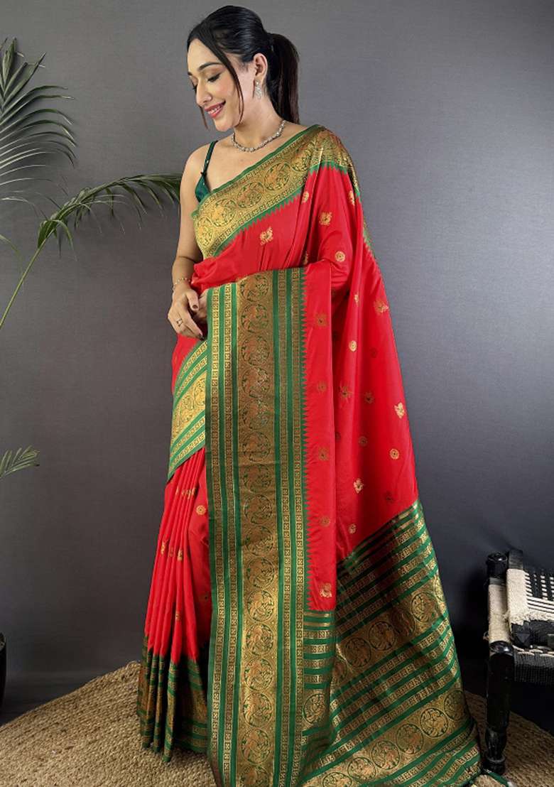 Red Woven Silk Blend Saree Set for Diwali | Wedding & Festive Wear - Indya