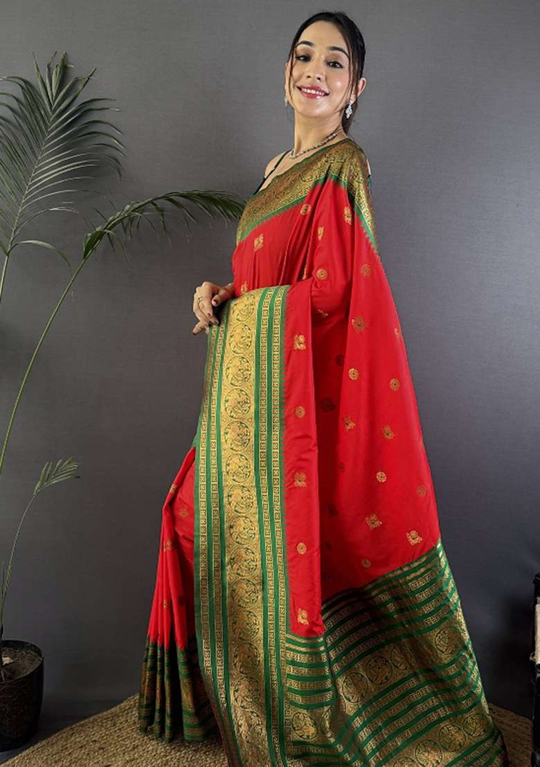 Red Woven Silk Blend Saree Set for Diwali | Wedding & Festive Wear - Indya