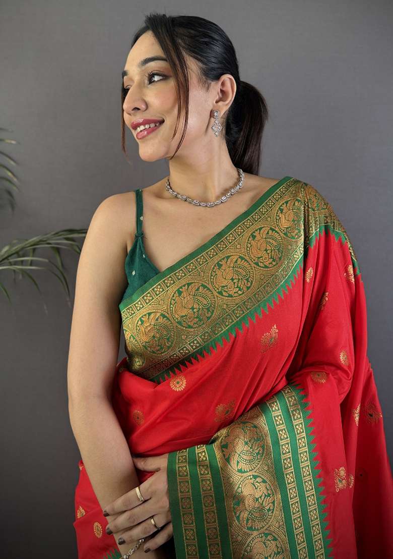 Red Woven Silk Blend Saree Set for Diwali | Wedding & Festive Wear - Indya