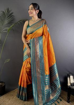 Orange Woven Silk Saree Set
