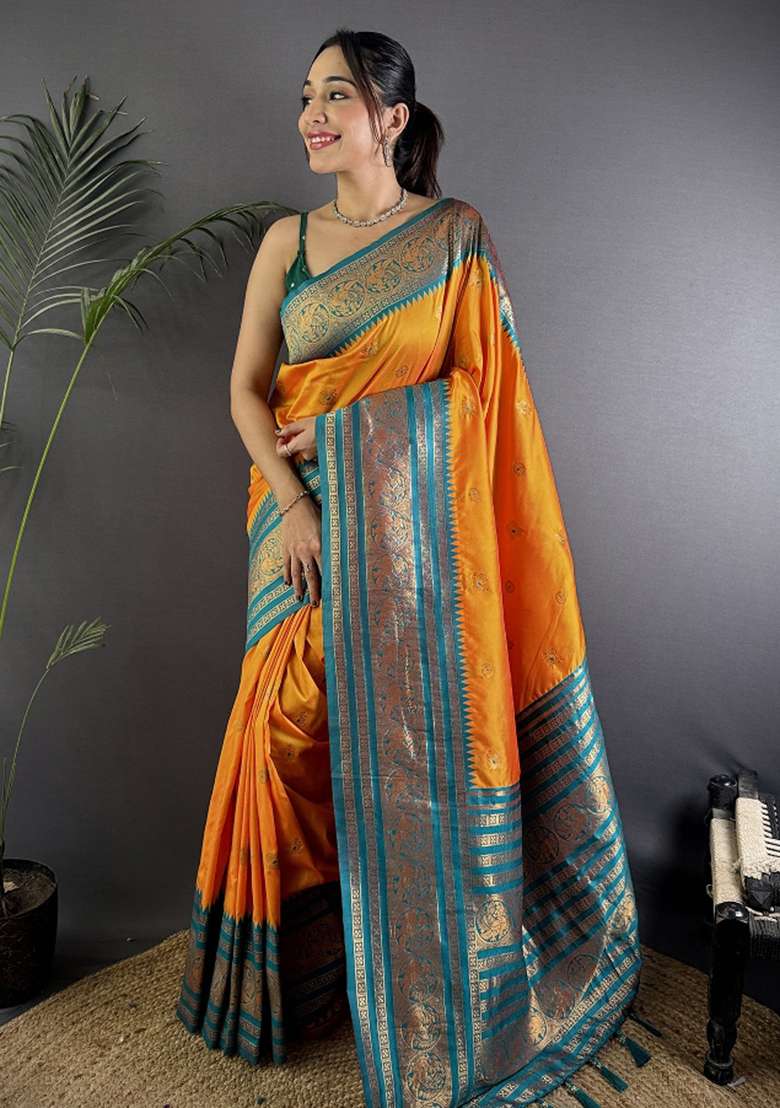 Orange Woven Silk Blend Saree Set for Diwali and Festive Wear - Indya