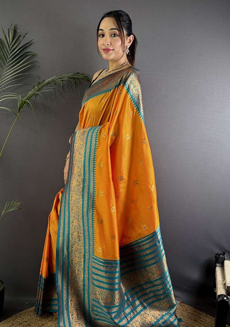 Orange Woven Silk Blend Saree Set for Diwali and Festive Wear - Indya