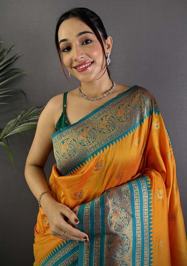 Orange Woven Silk Blend Saree Set for Diwali and Festive Wear - Indya