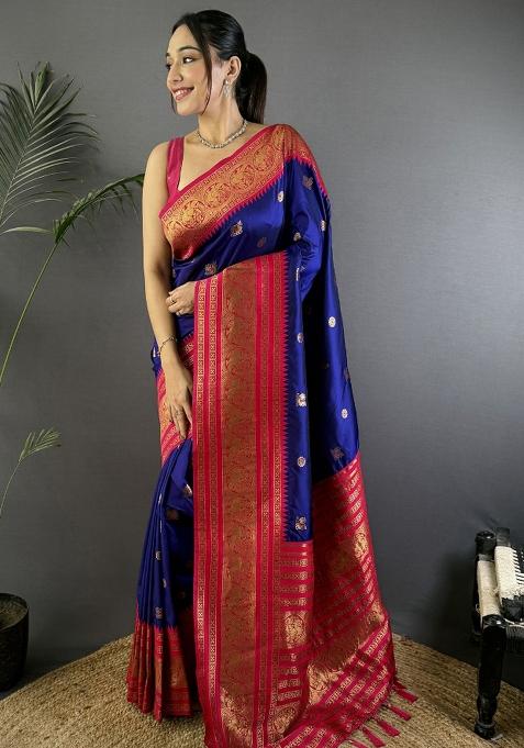 Navy Blue Woven Silk Saree Set