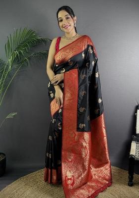 Black Woven Silk Saree Set
