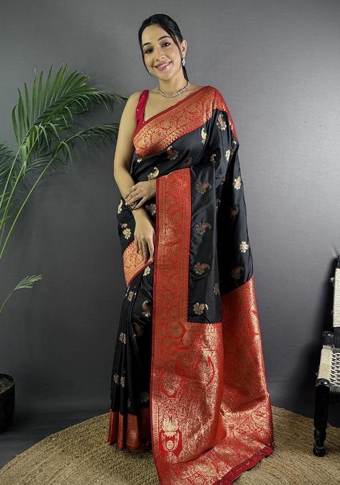 Black Woven Silk Saree Set