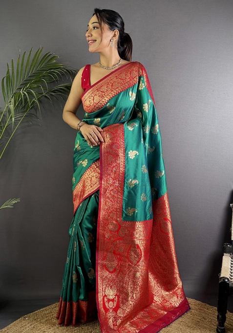 Green Woven Silk Saree Set