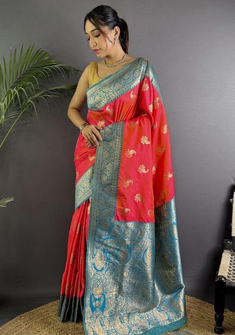 Hot Pink Woven Silk Saree Set