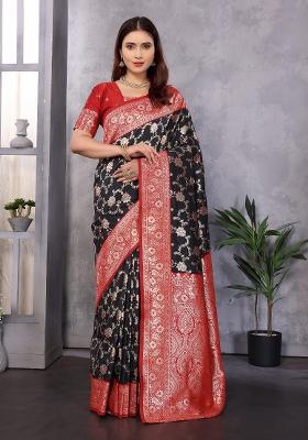 Black Woven Silk Saree Set