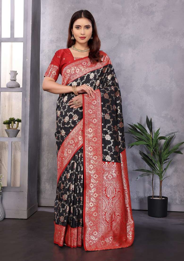 Black Woven Silk Blend Saree Set for Diwali and Festive Wear - Indya