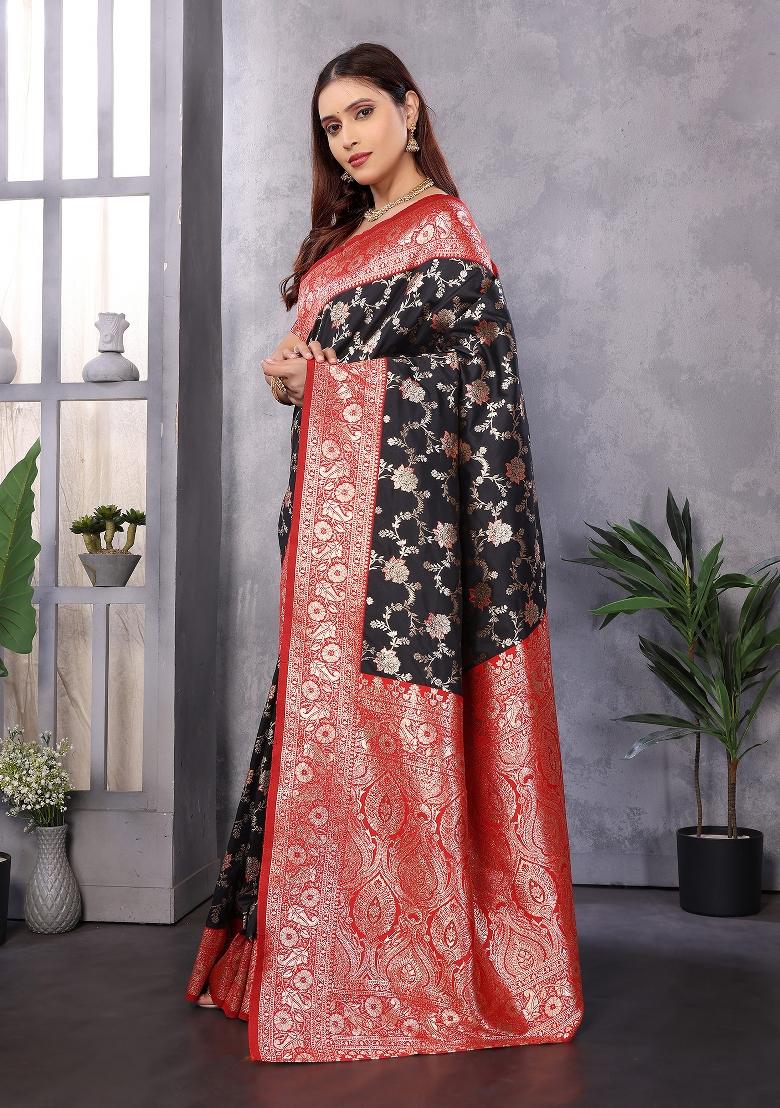 Black Woven Silk Saree Set - Indya