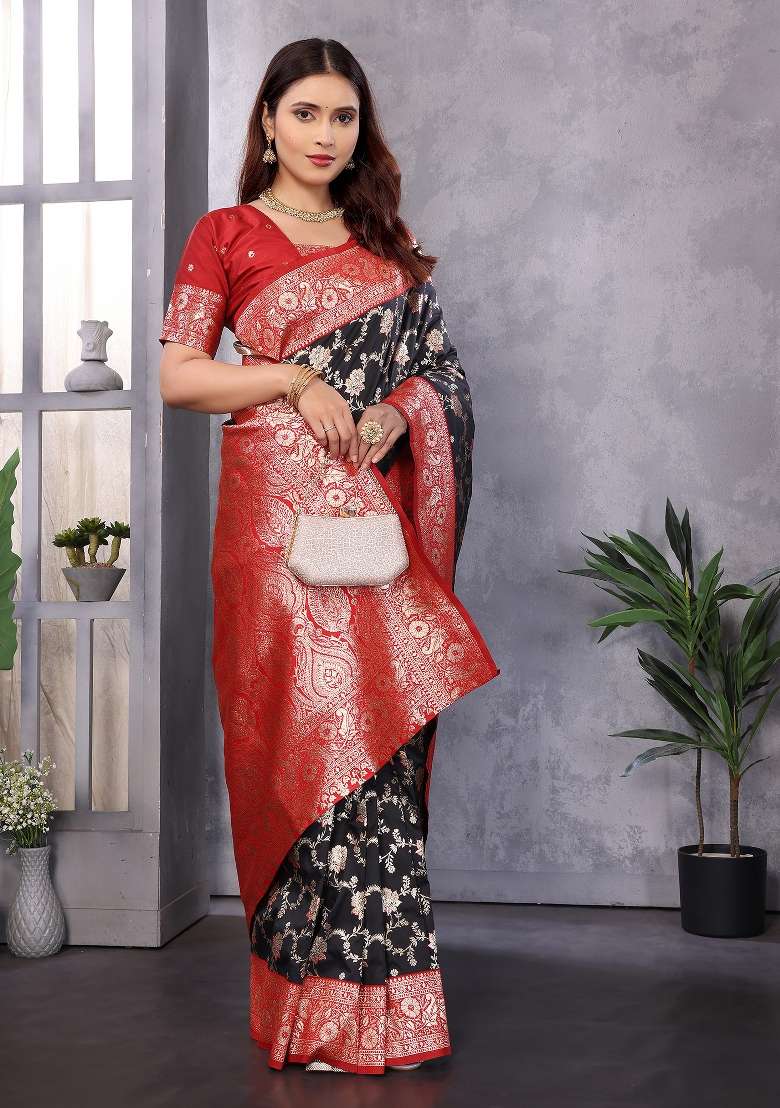 Black Woven Silk Blend Saree Set for Diwali and Festive Wear - Indya