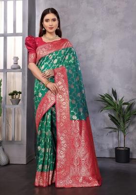 Green Woven Silk Saree Set
