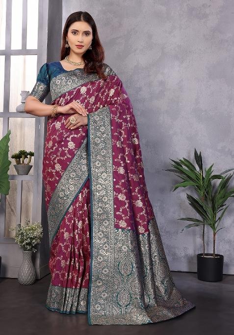 Magenta Woven Silk Saree Set