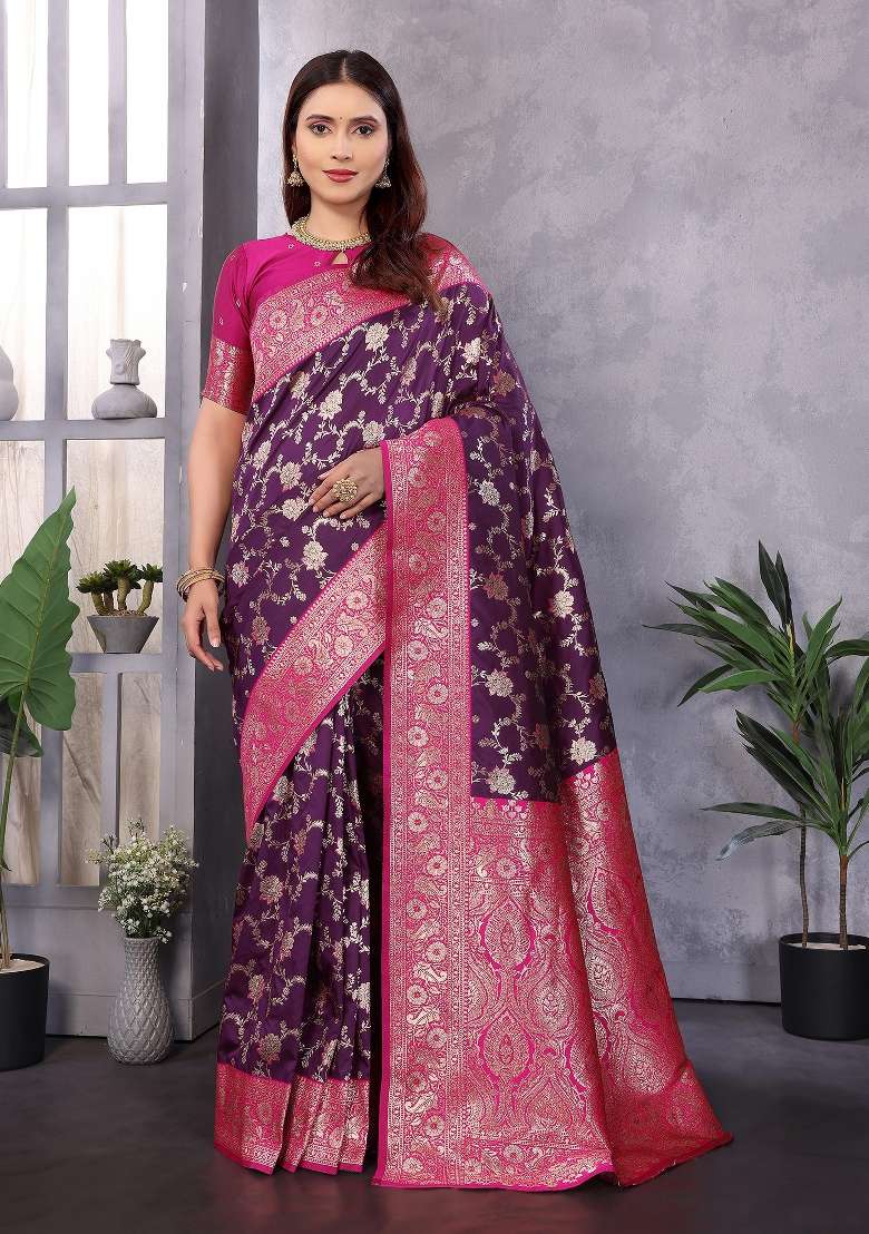 Wine Woven Silk Blend Saree Set for Diwali and Festive Wear - Indya