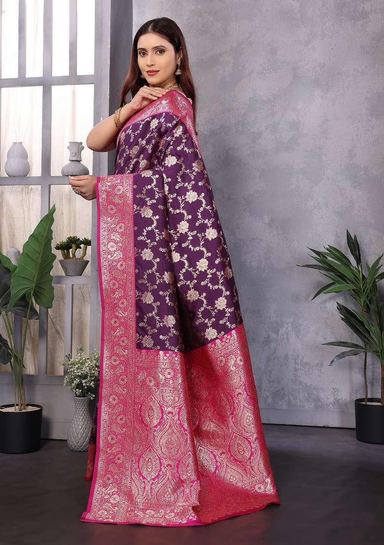 Wine Woven Silk Blend Saree Set for Diwali and Festive Wear - Indya