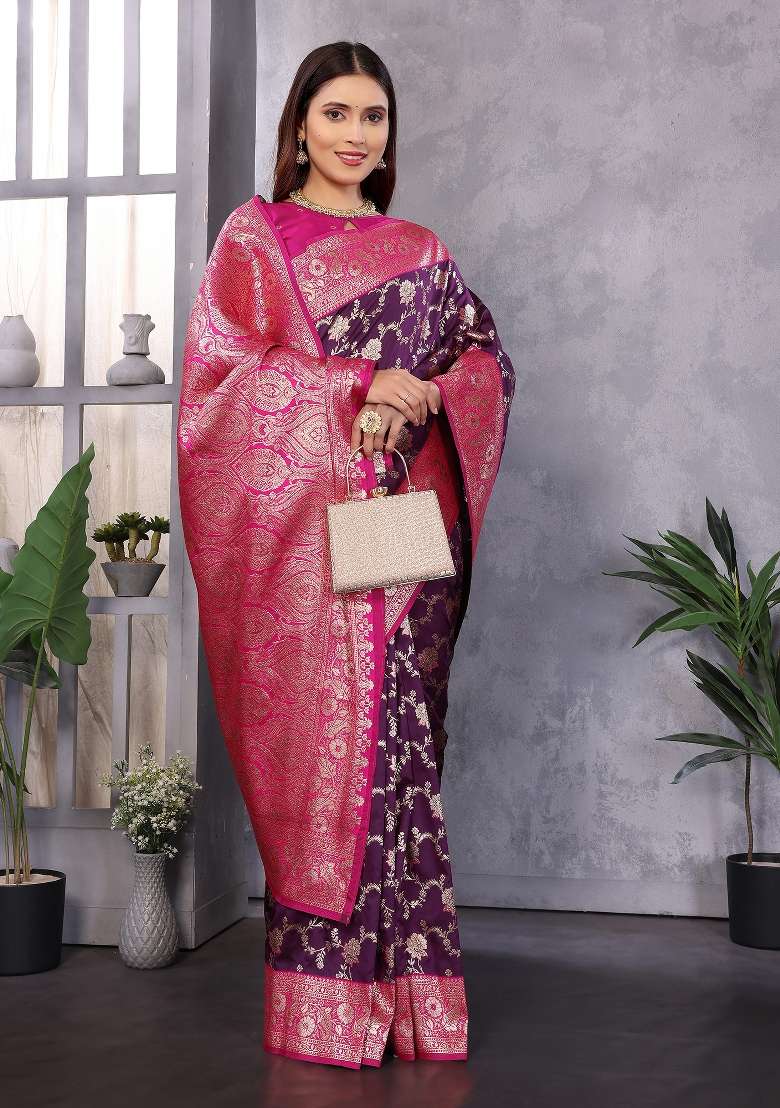 Wine Woven Silk Blend Saree Set for Diwali and Festive Wear - Indya