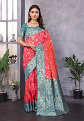 Peach Woven Silk Saree Set