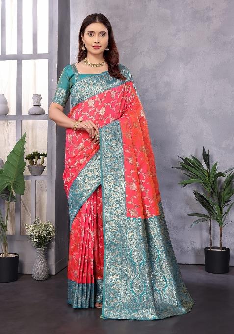 Peach Woven Silk Saree Set