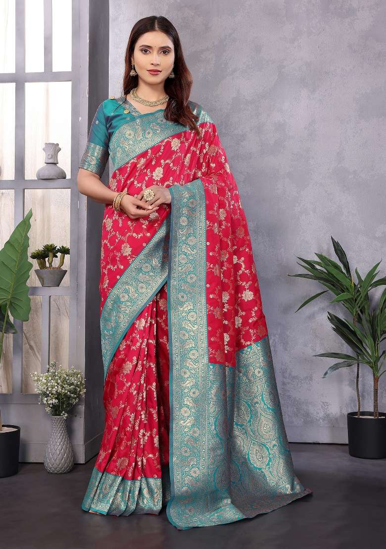 Red Woven Silk Blend Saree Set for Diwali and Festive Wear - Indya