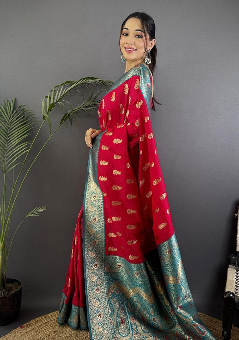 Red Woven Silk Saree Set