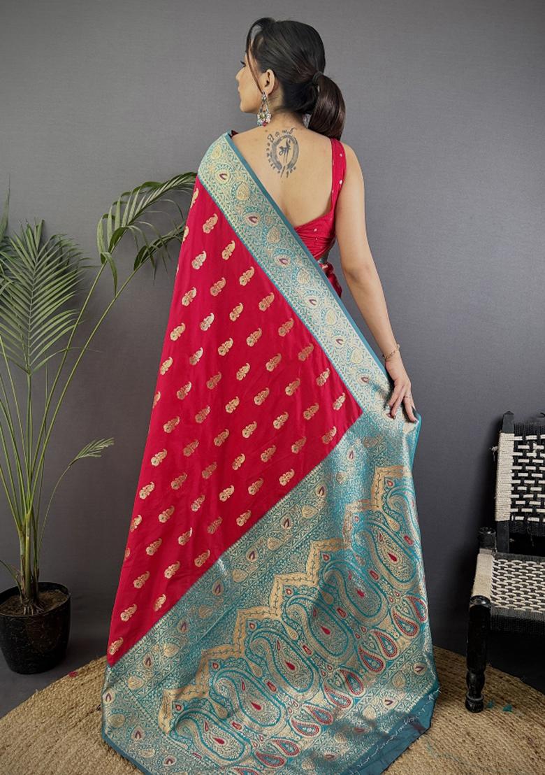 Red Woven Silk Saree Set