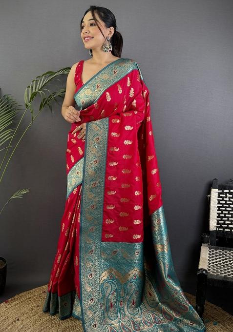 Red Woven Silk Saree Set