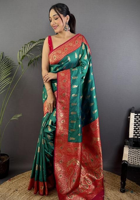 Rama Green Woven Silk Saree Set