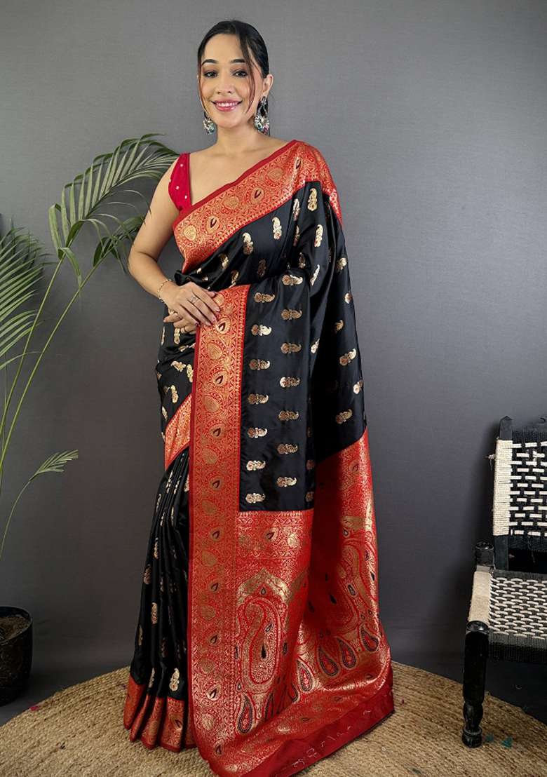 Black Woven Silk Blend Saree Set - Indya
